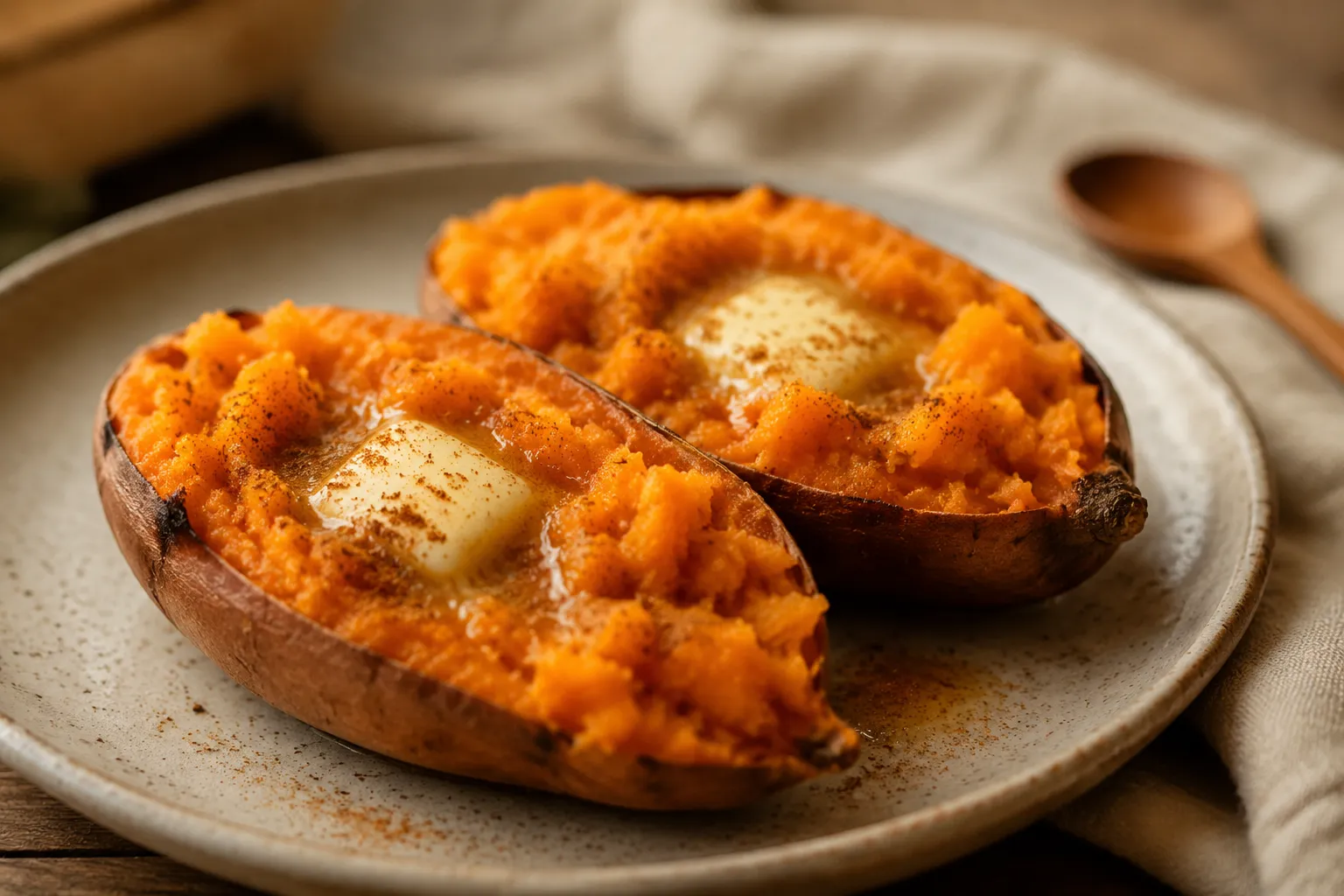 Two finished microwave sweet potatoes with butter and cinnamon