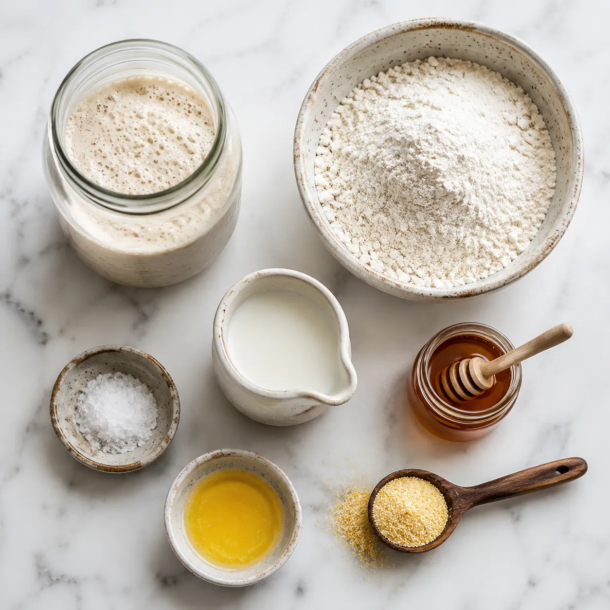 Sourdough english muffins ingredients flatlay with starter, bread flour, milk, and honey