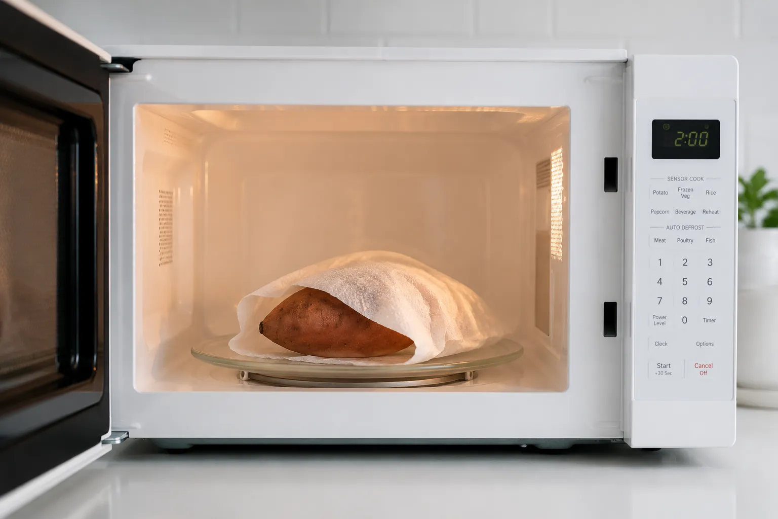 Sweet potato in microwave wrapped in damp paper towel on glass plate