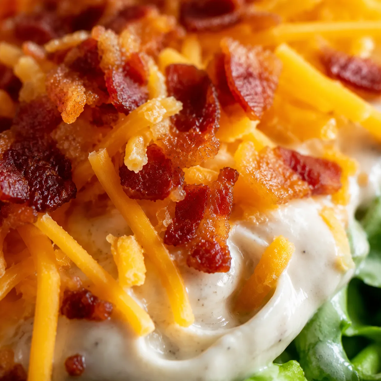 Macro close-up of bacon and cheddar topping a 7 layer salad