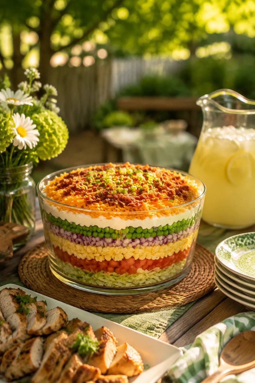 7 layer salad recipe served on a summer backyard potluck table