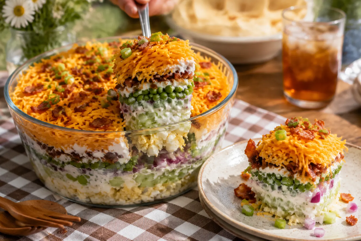 Serving a scoop of seven layer salad showing all the layers