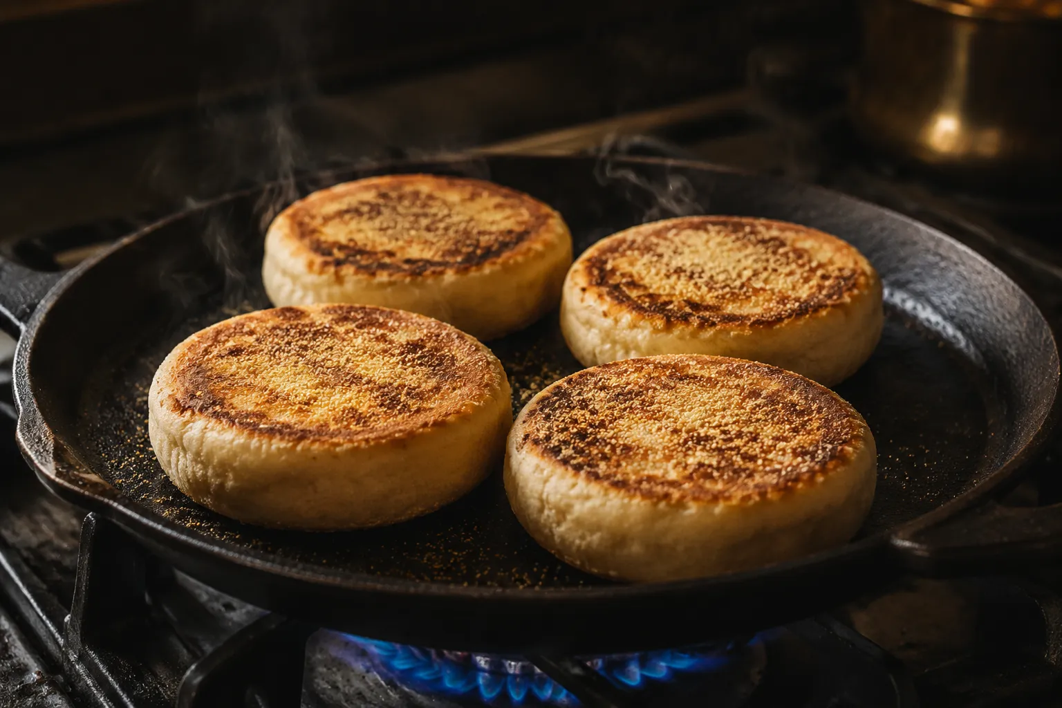Sourdough english muffins cooking on a cast iron skillet with golden crust