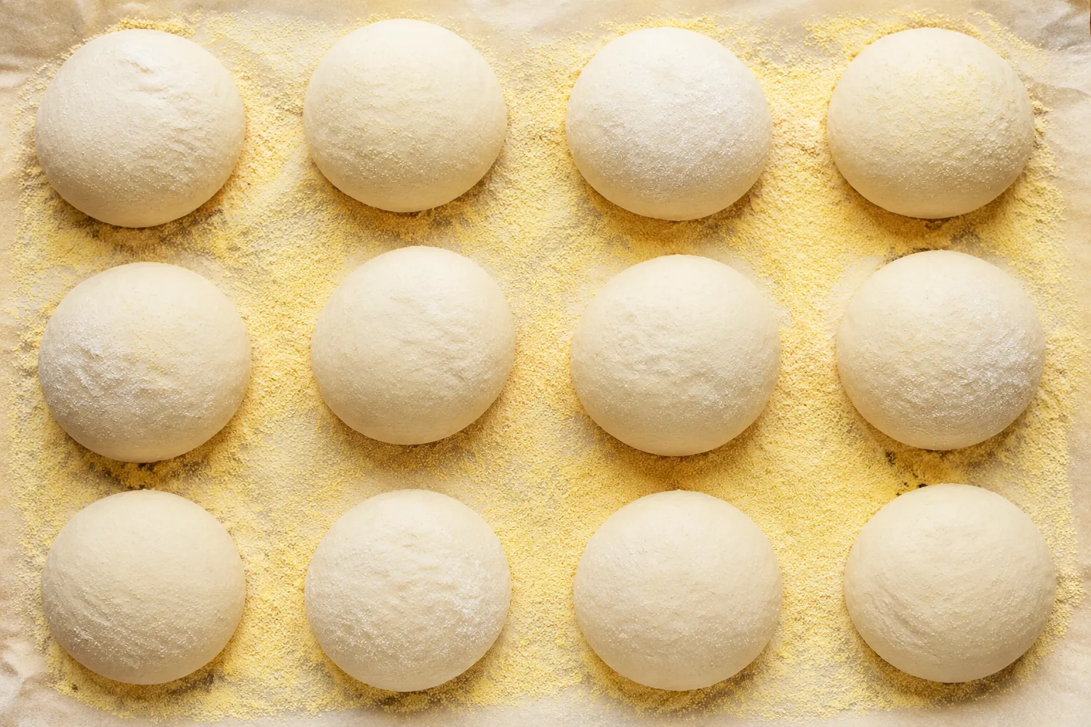 Shaped sourdough english muffin dough rounds proofing on cornmeal-dusted parchment