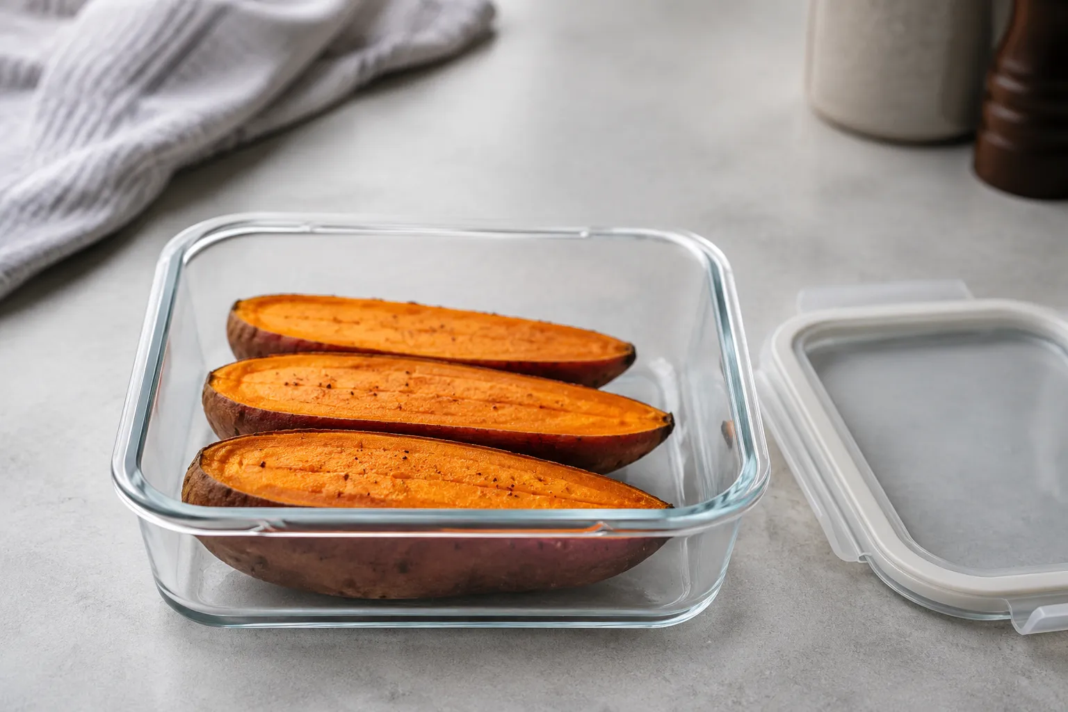 Storing leftover microwave sweet potatoes in a glass meal prep container