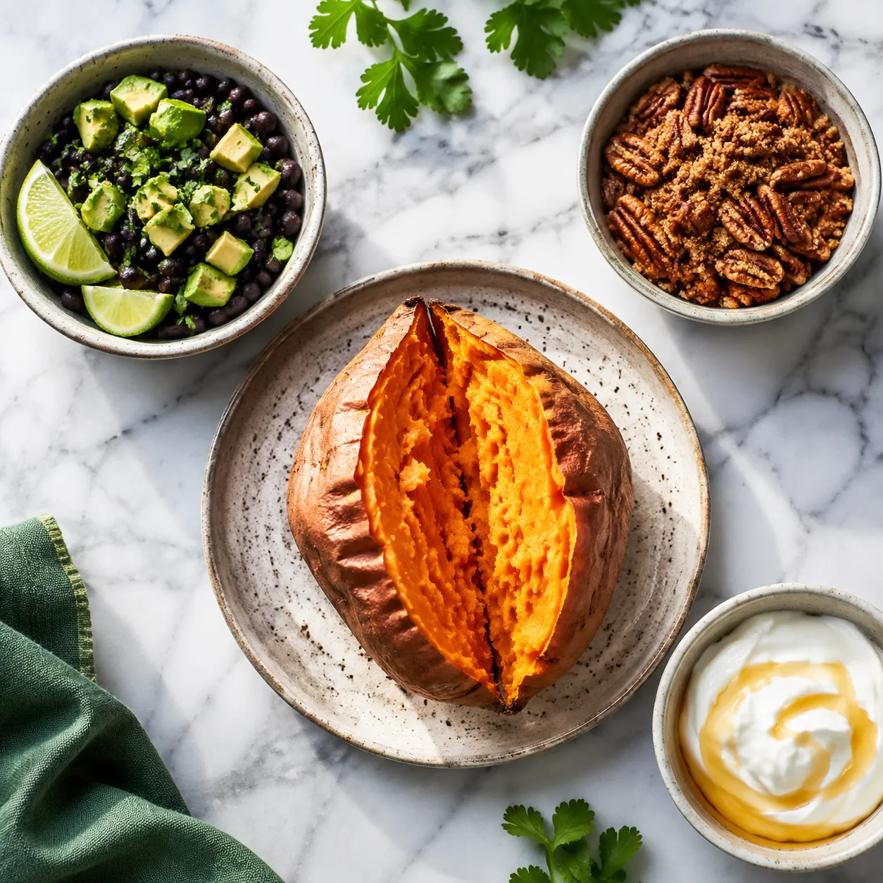 Sweet potato in microwave served with sweet and savory topping bar