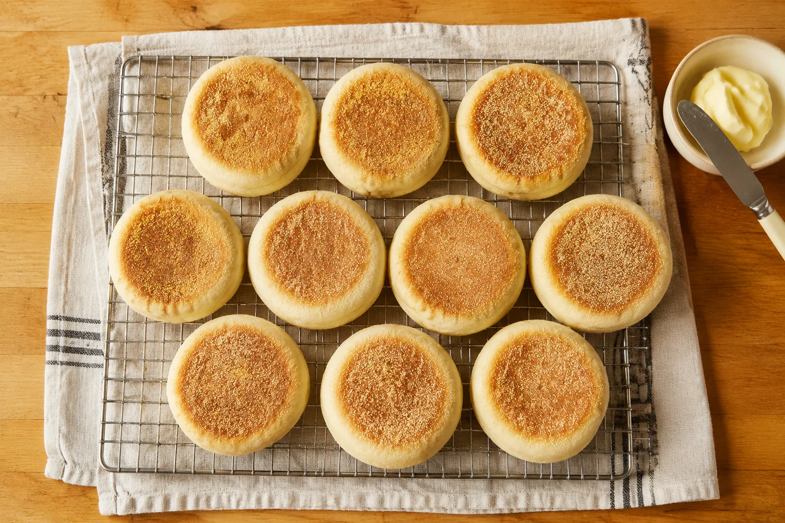 Freshly cooked homemade sourdough english muffins cooling on a wire rack