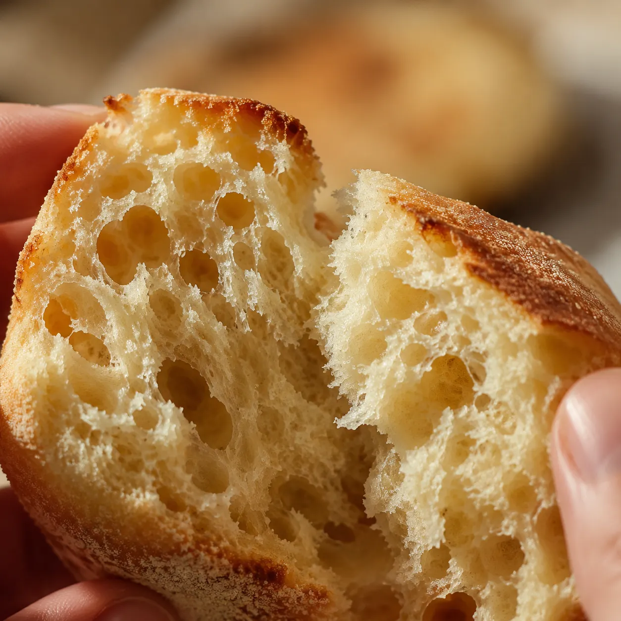 Close-up of sourdough english muffin nooks and crannies and open crumb texture