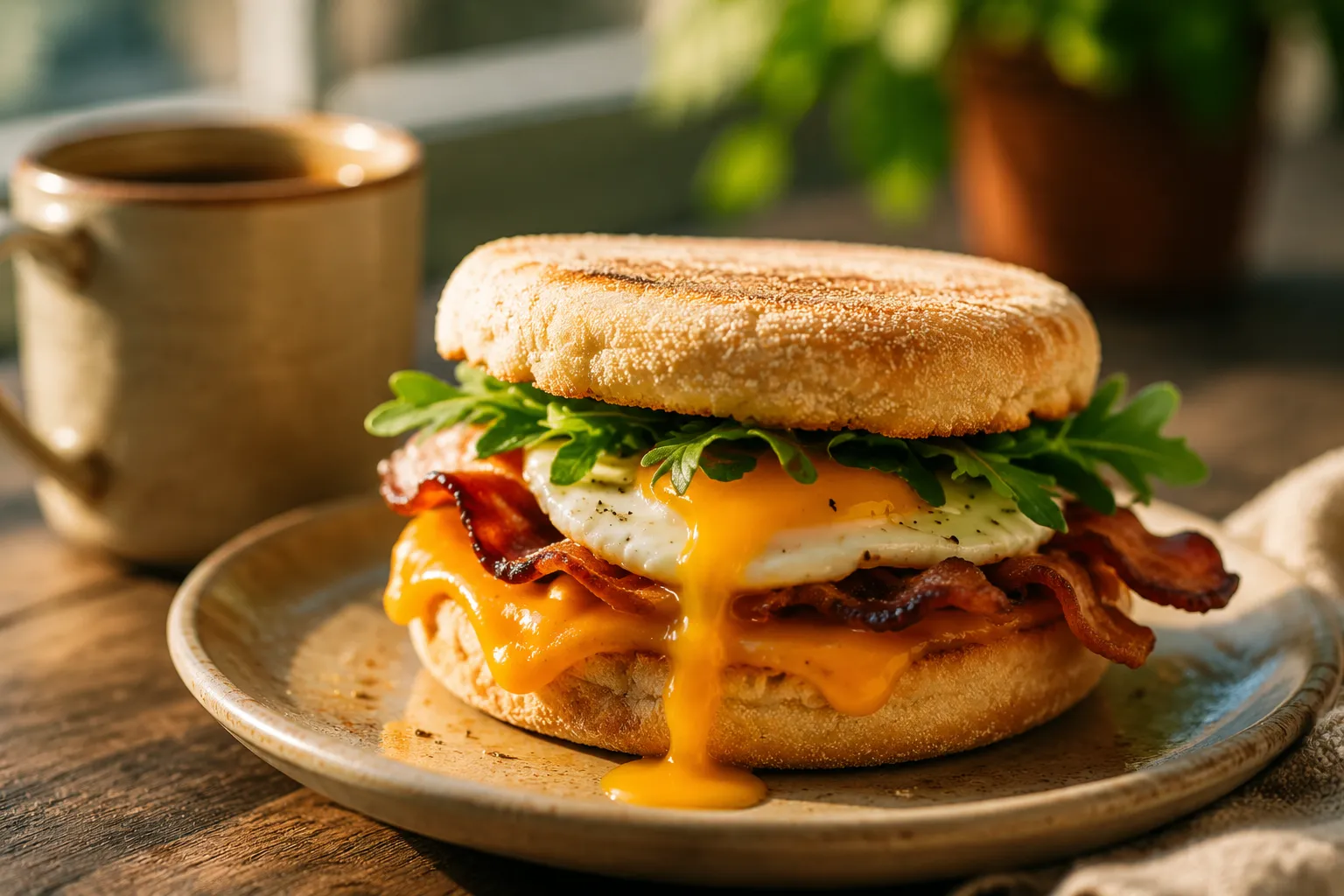 Sourdough english muffin breakfast sandwich with egg, cheddar, and bacon