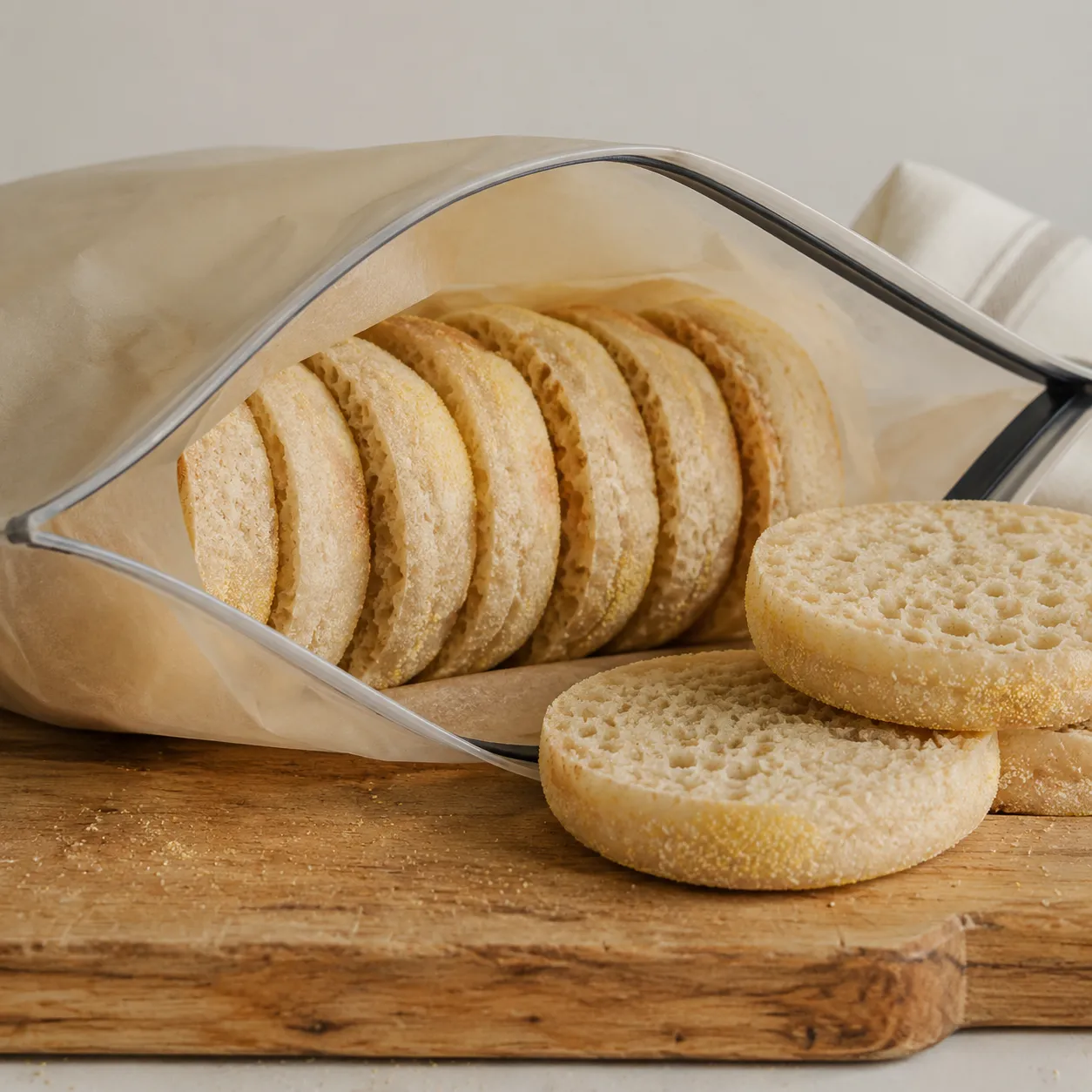 Fork-split sourdough english muffins packed for freezer storage