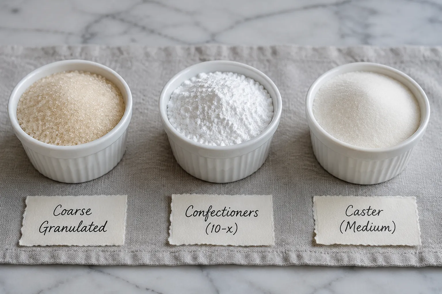 Confectioners sugar vs powdered sugar vs granulated sugar side by side