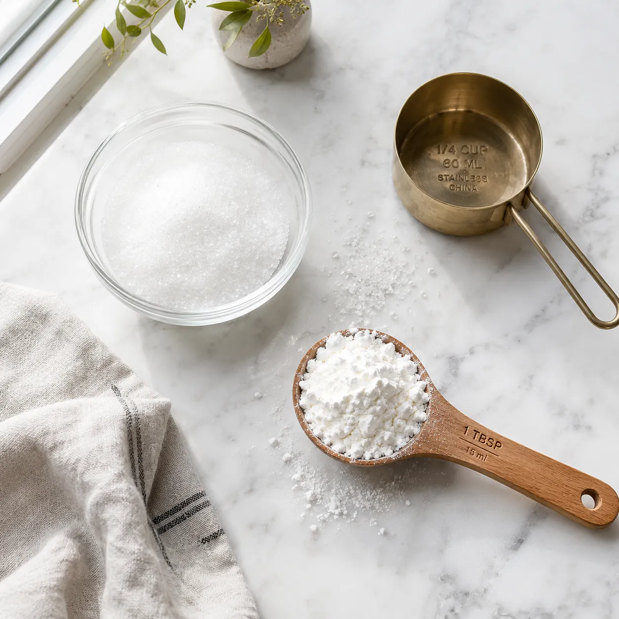 Ingredients to make homemade confectioners sugar laid out on marble