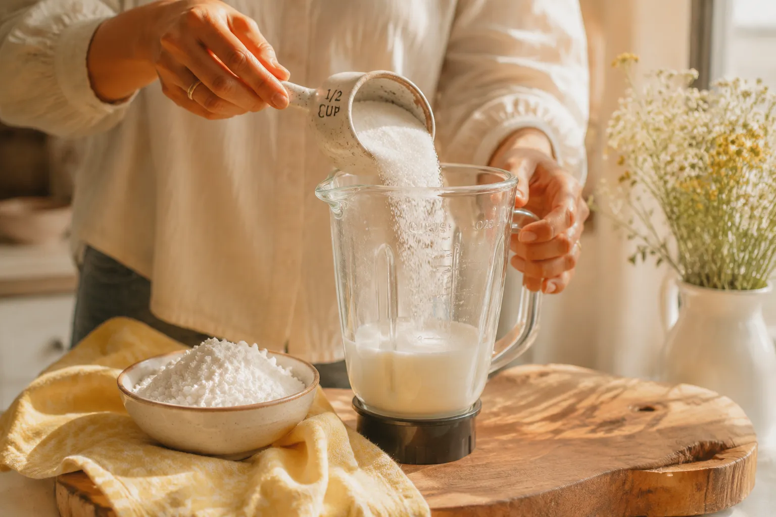 Pouring sugar and cornstarch into a blender to make confectioners sugar