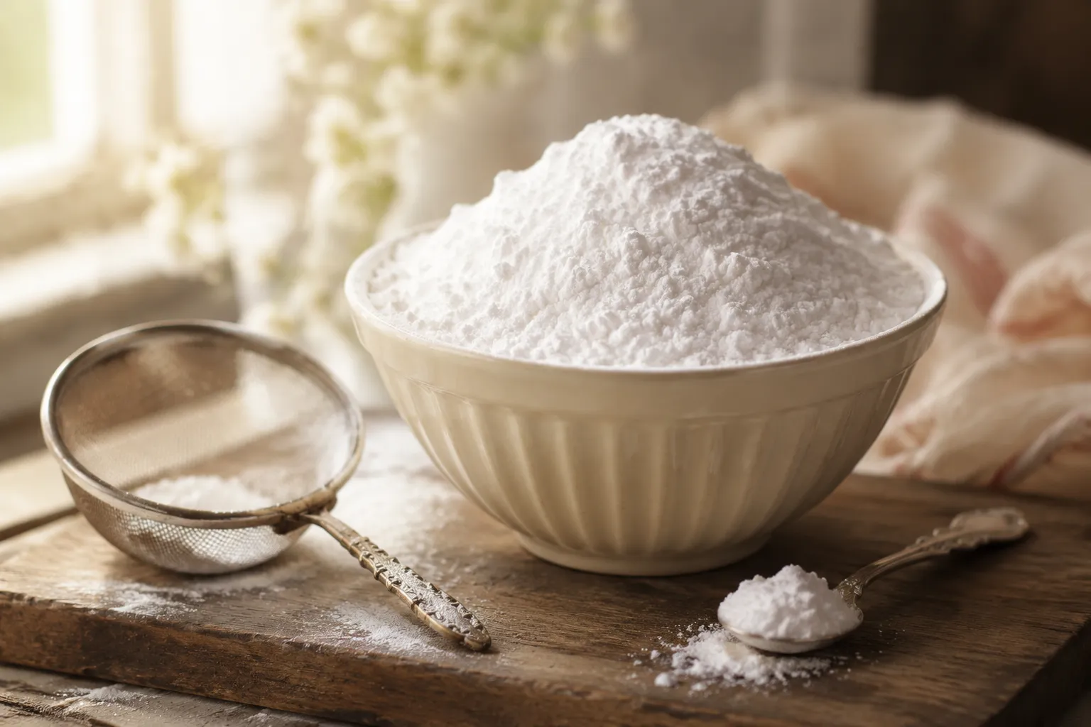 Bowl of homemade confectioners sugar with a fine-mesh sieve