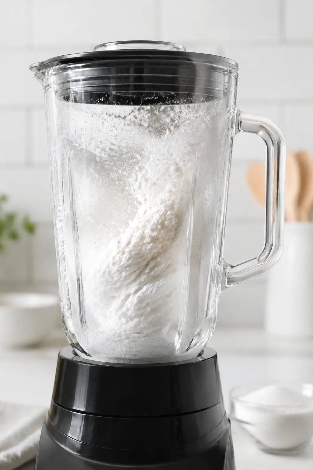 Blender turning granulated sugar into homemade confectioners sugar