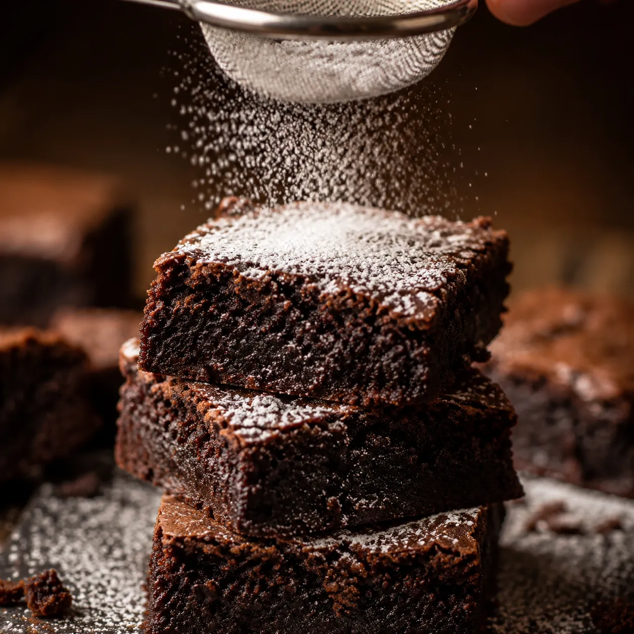 Confectioners sugar dusted over warm chocolate brownies
