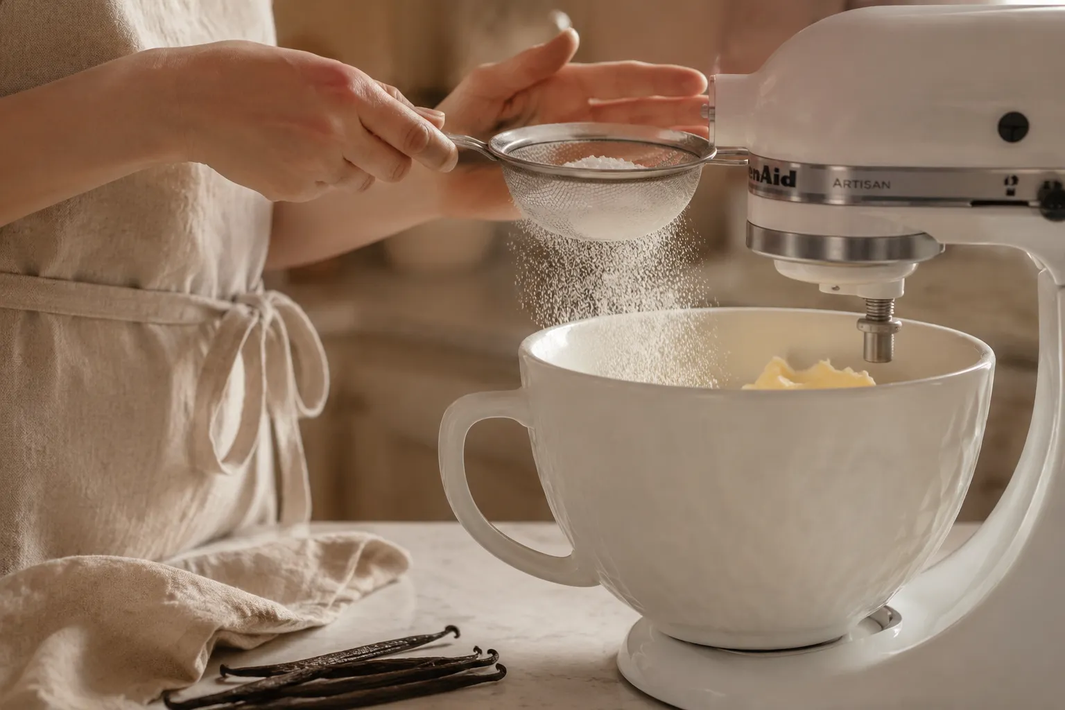 Sifting confectioners sugar into butter for buttercream frosting
