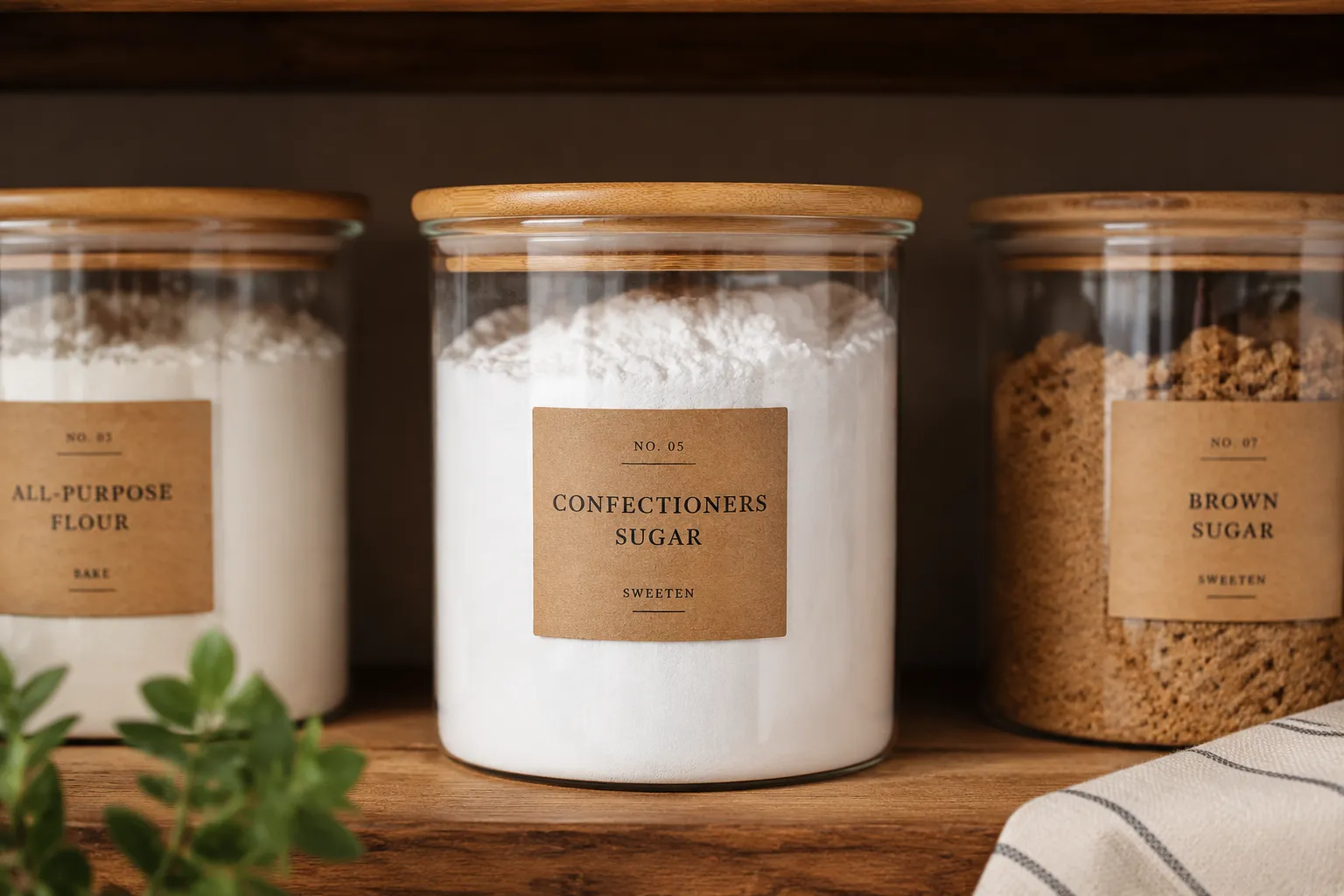 Confectioners sugar stored in a labeled glass jar in the pantry