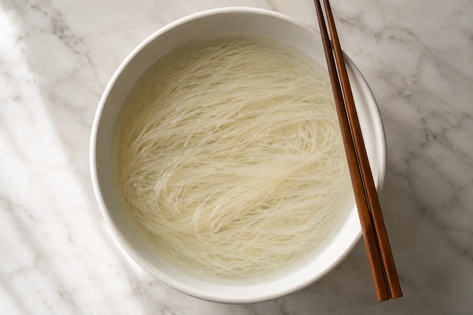 Soaking dried rice vermicelli mei fun noodles in warm water before stir-frying