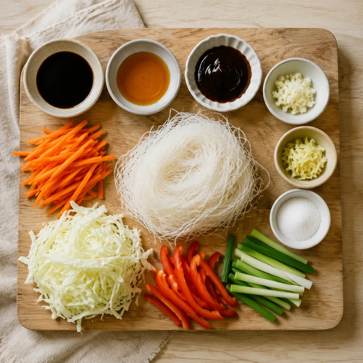 Mei fun ingredients flatlay with rice vermicelli, soy sauce, vegetables, garlic, and ginger