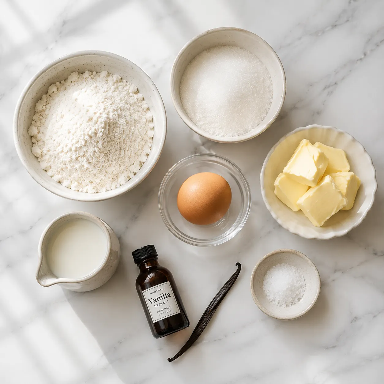 Vanilla wafer cookies ingredients flatlay with flour butter sugar and vanilla