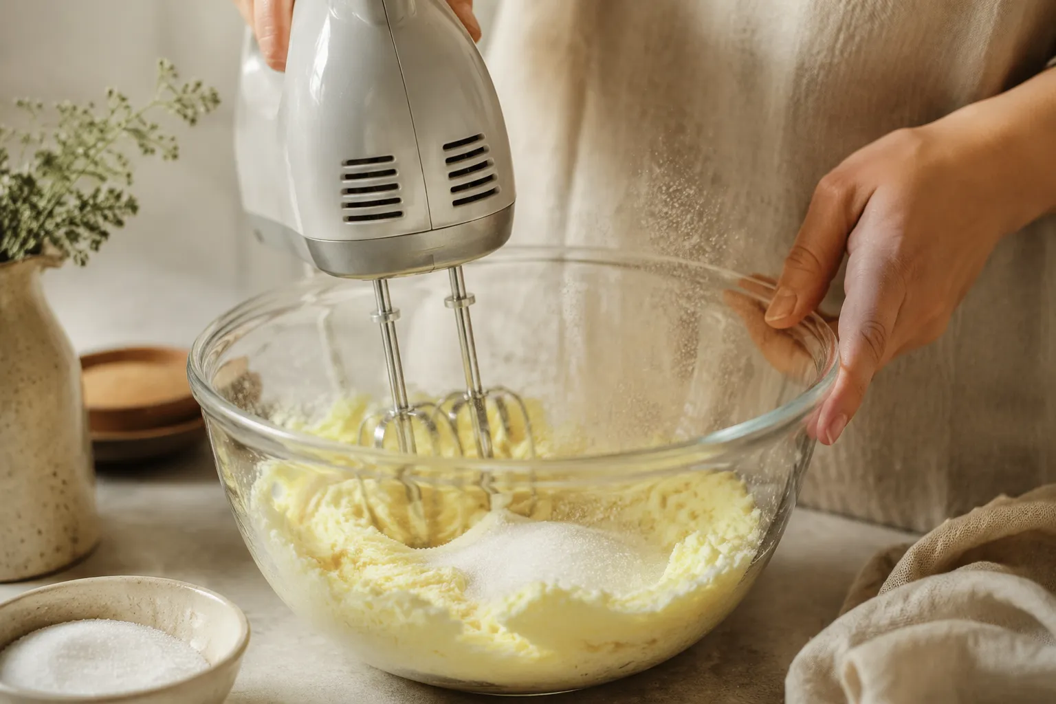Creaming butter and sugar for homemade vanilla wafer cookies