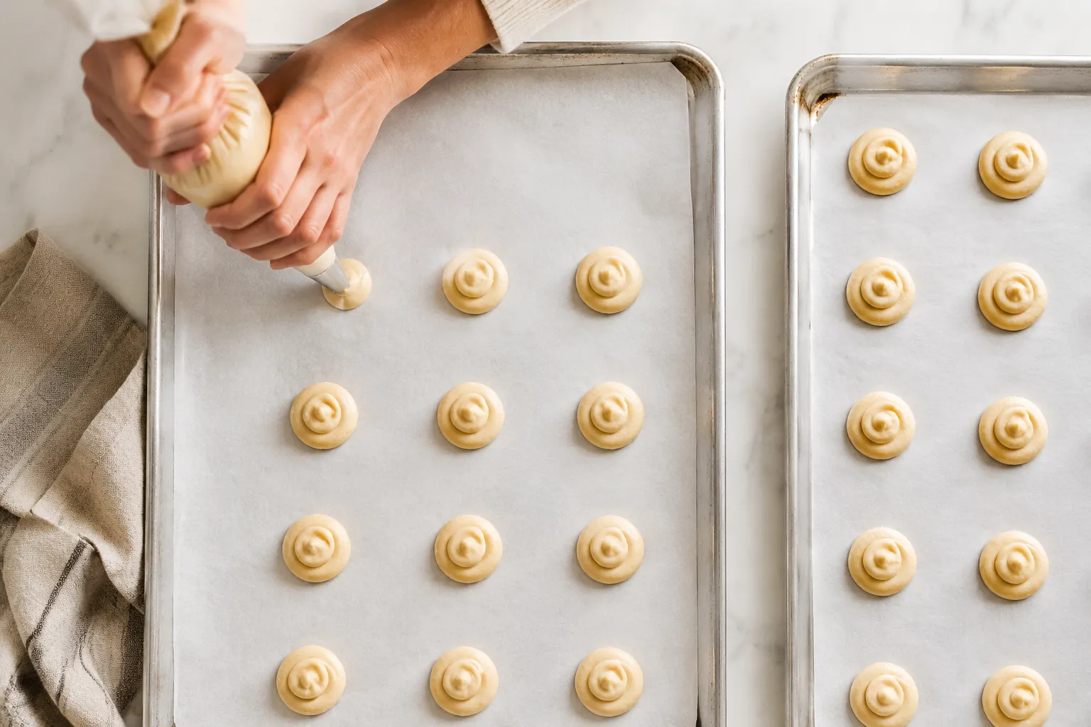 Piping vanilla wafer dough into rounds on a parchment baking sheet