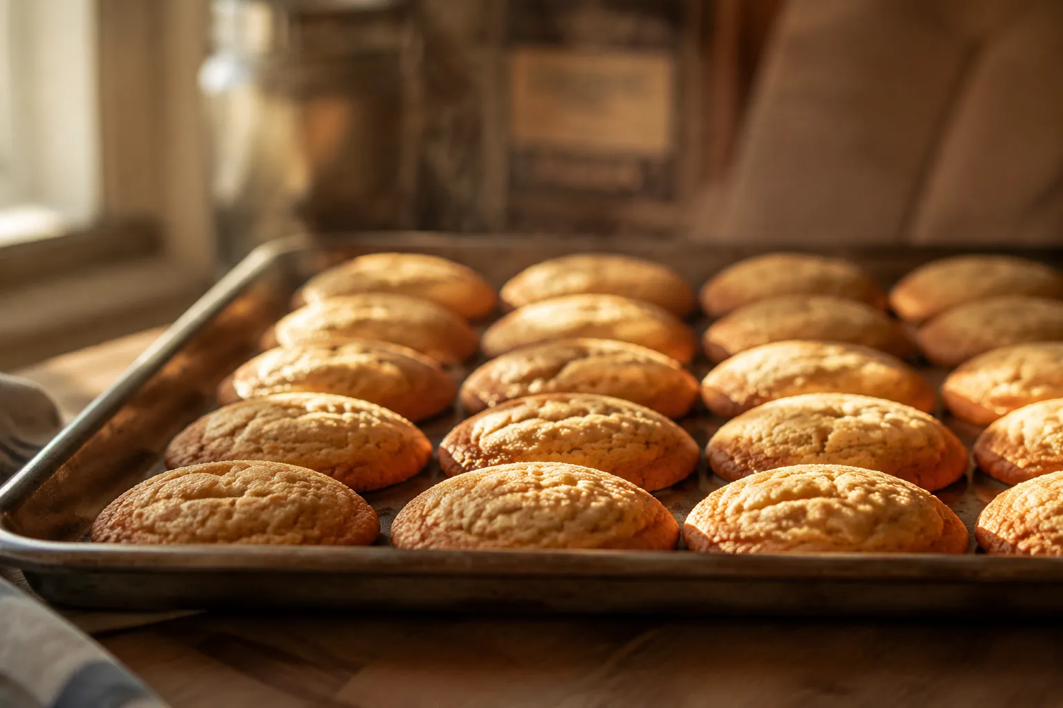Freshly baked vanilla wafers cooling on a sheet pan with golden edges
