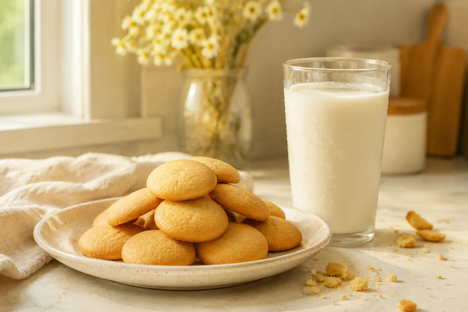 Stack of homemade vanilla wafer cookies served with a glass of milk