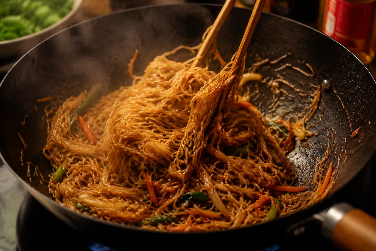 Tossing mei fun noodles with stir-fry sauce and vegetables in a wok