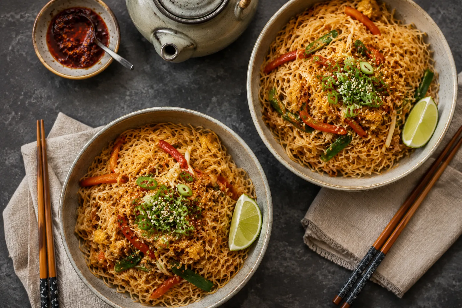 Two bowls of finished mei fun rice noodles topped with scallions and sesame seeds