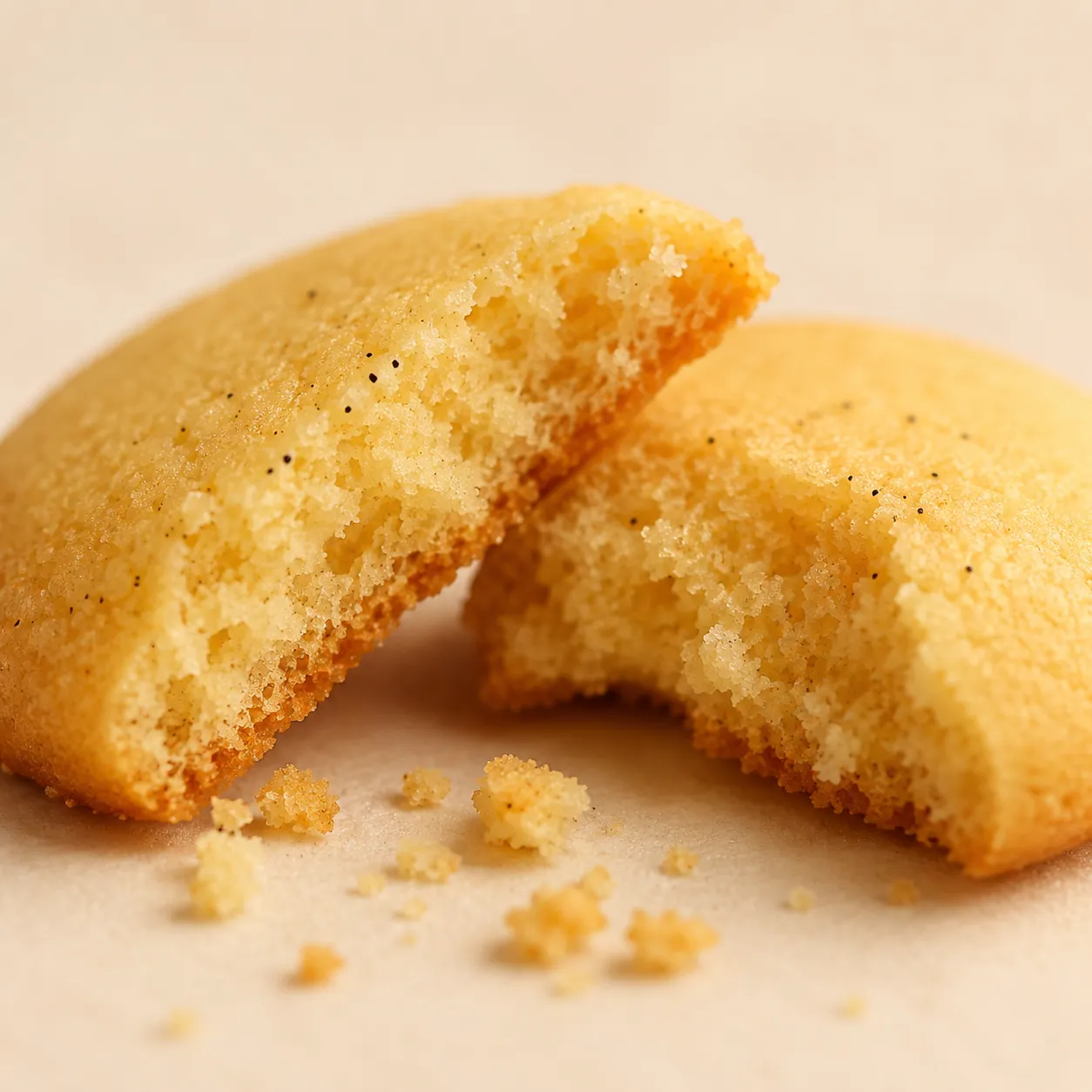 Close-up macro of a vanilla wafer cookie broken to show crisp texture