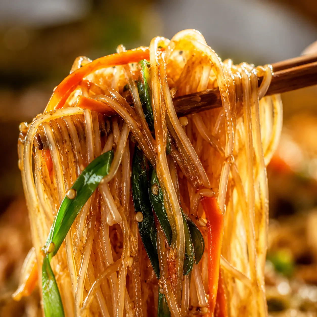 Close-up chopstick lift of glossy stir-fried mei fun rice vermicelli noodles