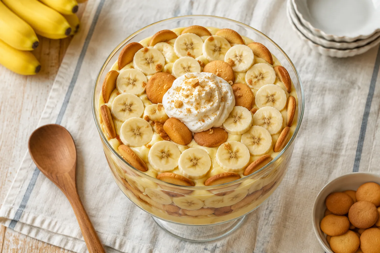 Banana pudding made with homemade vanilla wafer cookies in a glass dish