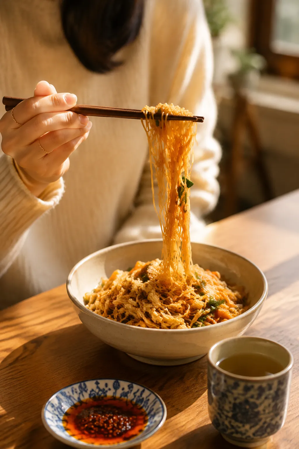 Lifting a chopstick bite of homemade mei fun noodles at a dinner table