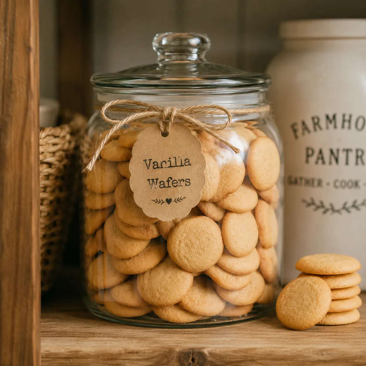Homemade vanilla wafers stored in a glass jar to keep them crisp