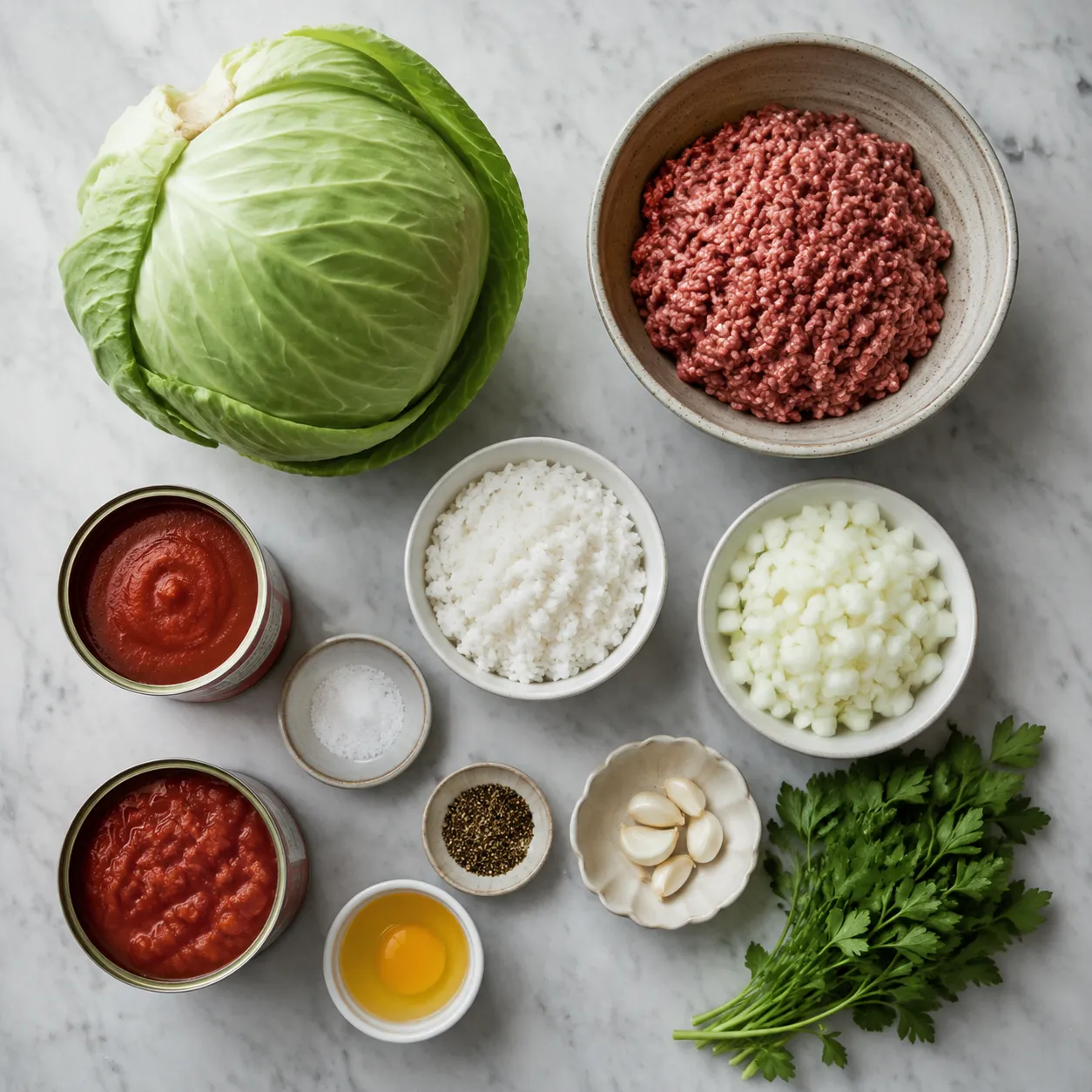 Ingredients for stuffed cabbage rolls recipe laid out on a marble countertop