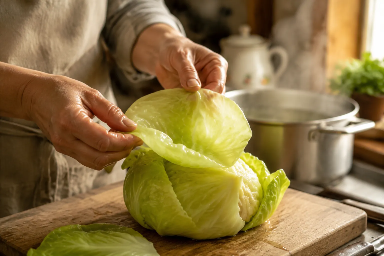Hands peeling softened cabbage leaves to make cabbage rolls