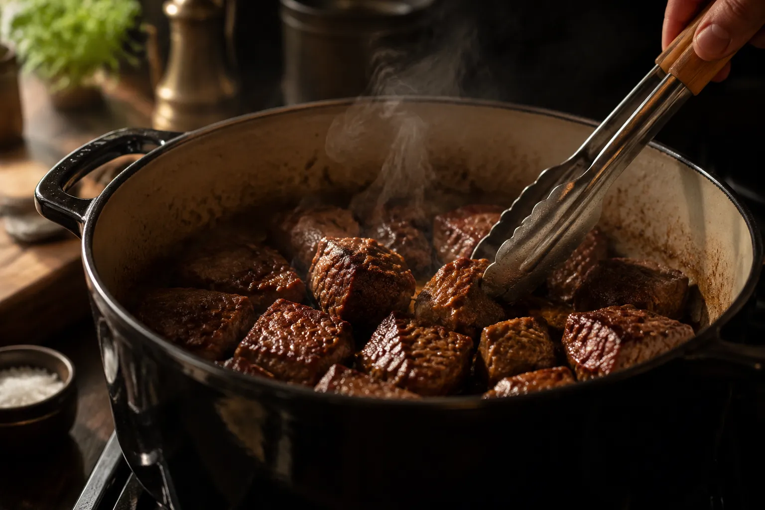 Searing beef chuck cubes for Filipino beef caldereta recipe