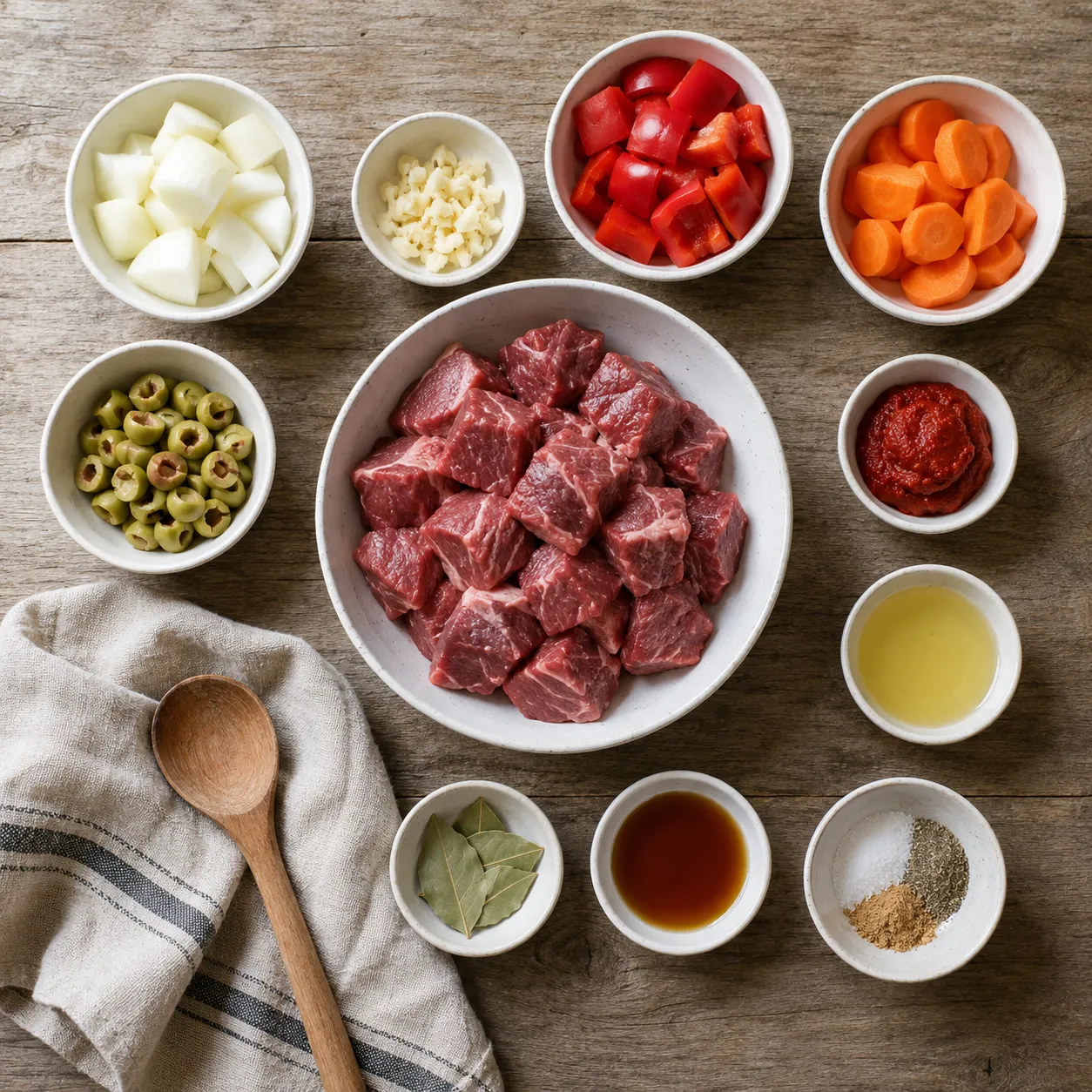 Beef caldereta ingredients flatlay with beef chuck, liver spread, peppers, and olives