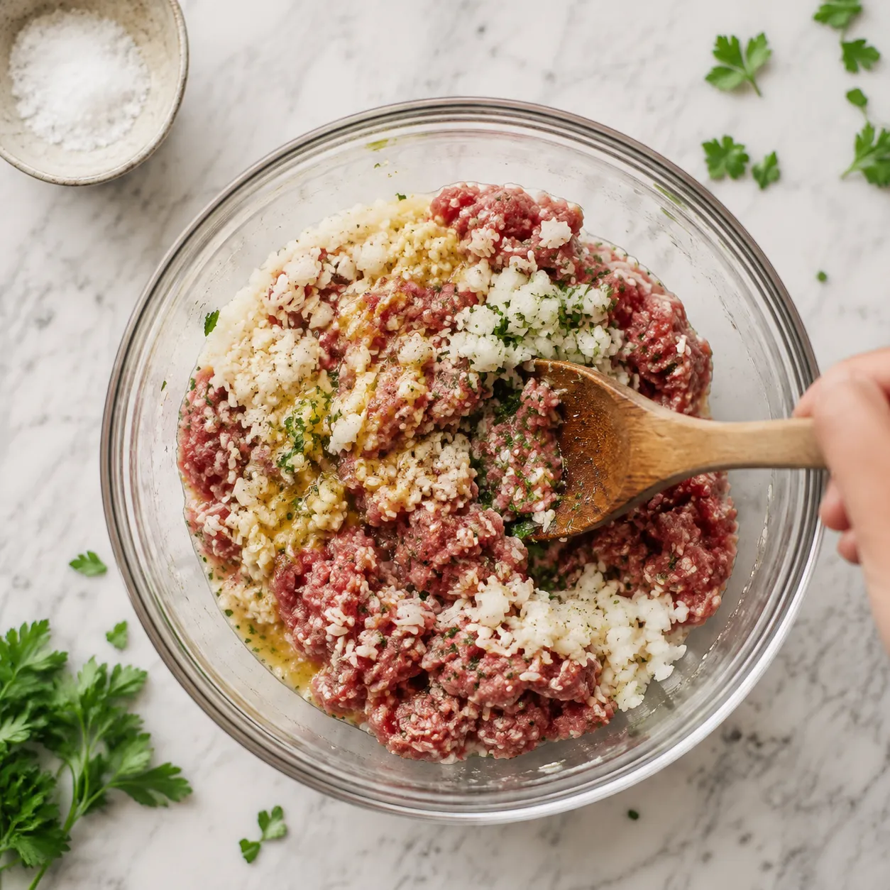 Beef and rice filling being mixed for stuffed cabbage rolls