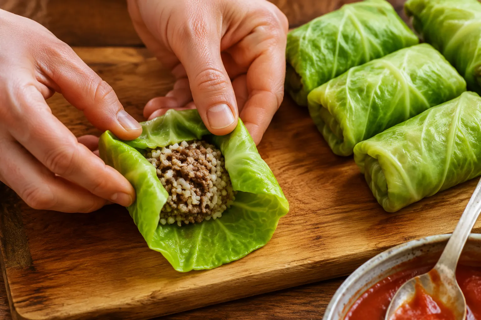 Hands rolling stuffed cabbage rolls with beef and rice filling