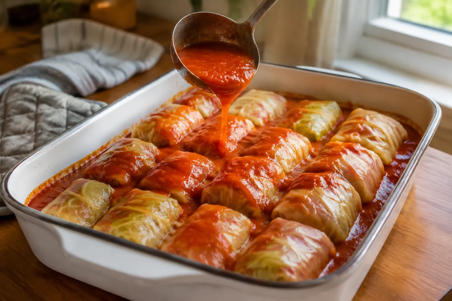 Cabbage rolls being topped with tomato sauce in a baking dish
