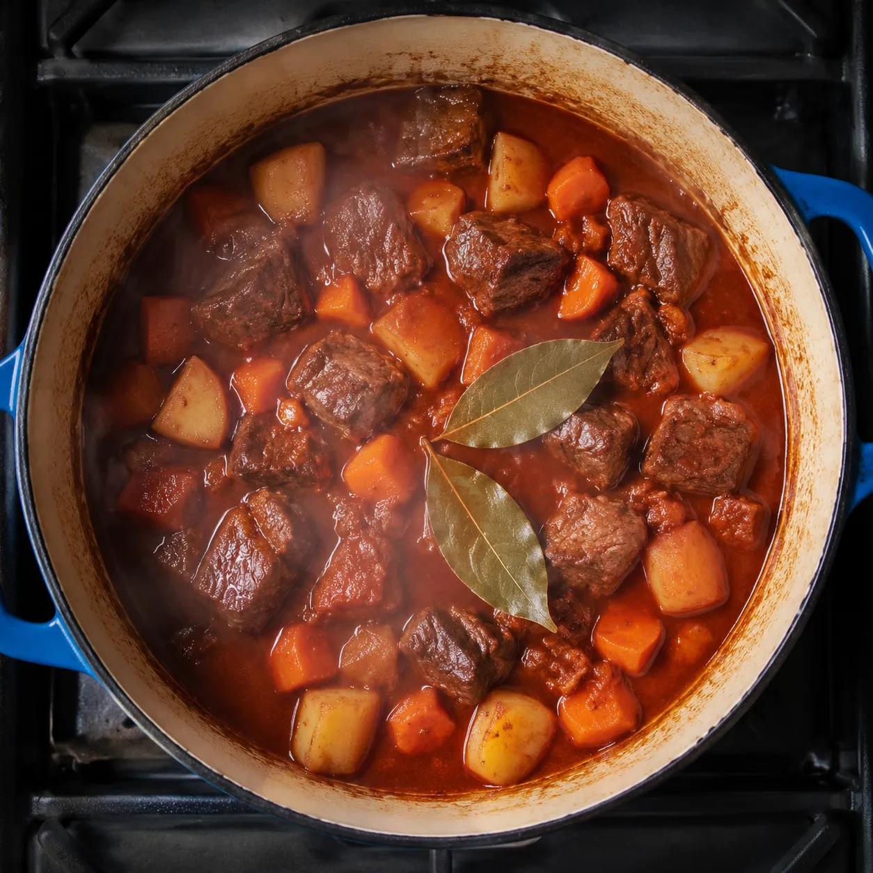 Beef caldereta simmering with potatoes and carrots in tomato broth
