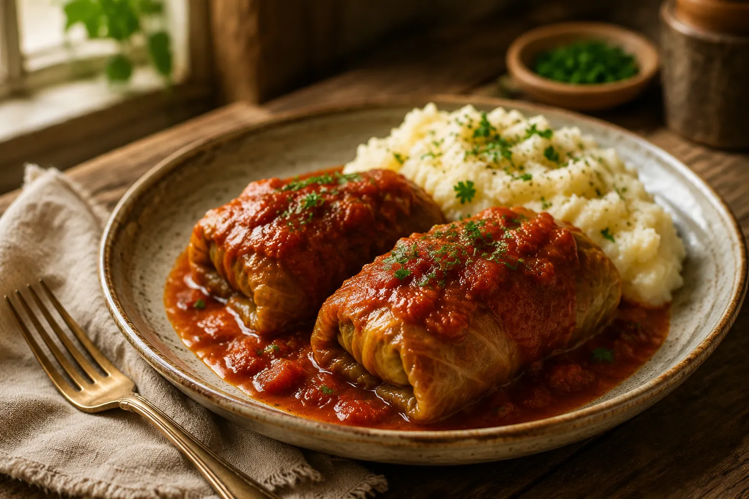 Plated cabbage rolls recipe served with mashed potatoes and tomato sauce