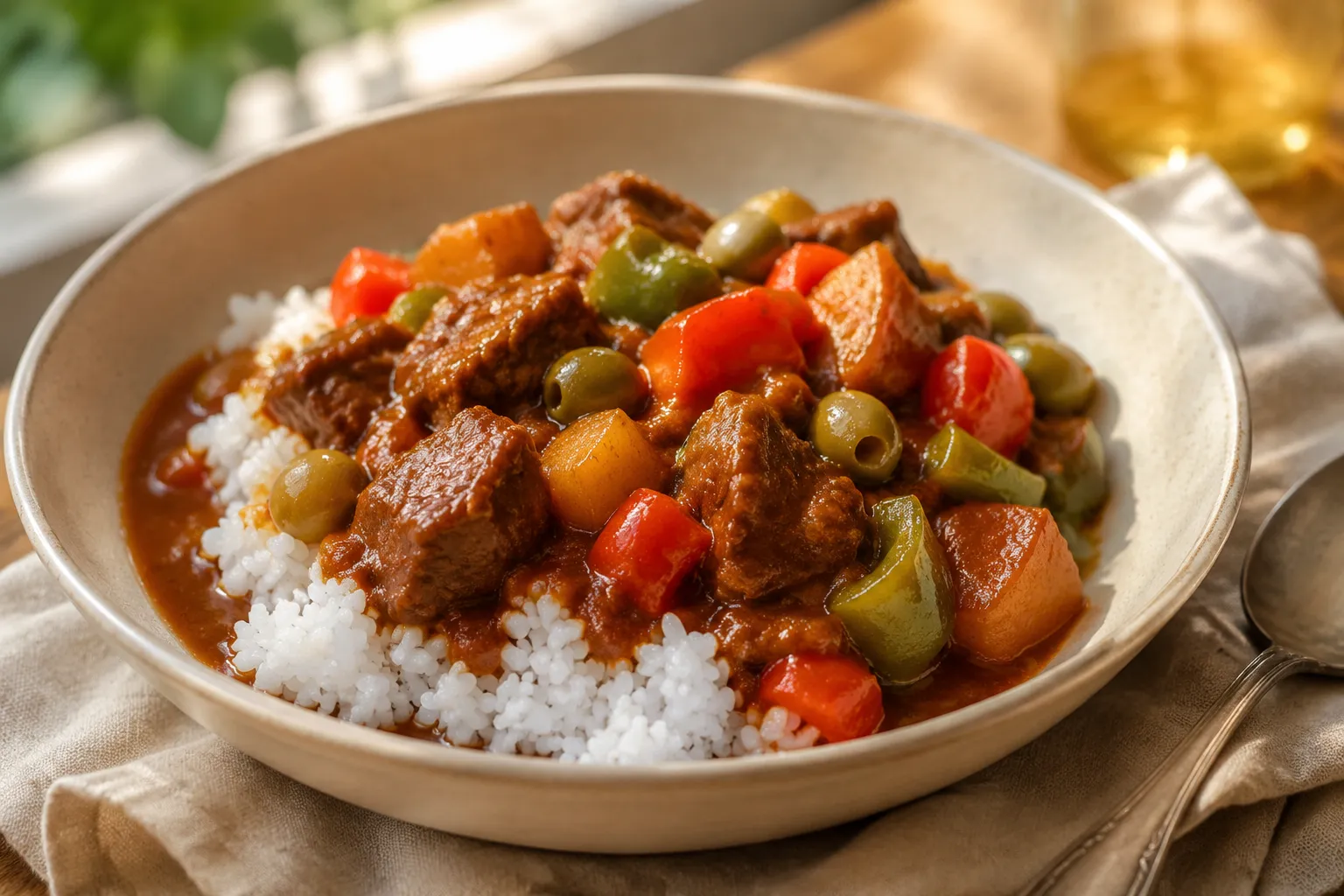 Plated Filipino beef caldereta dish served over steamed white rice