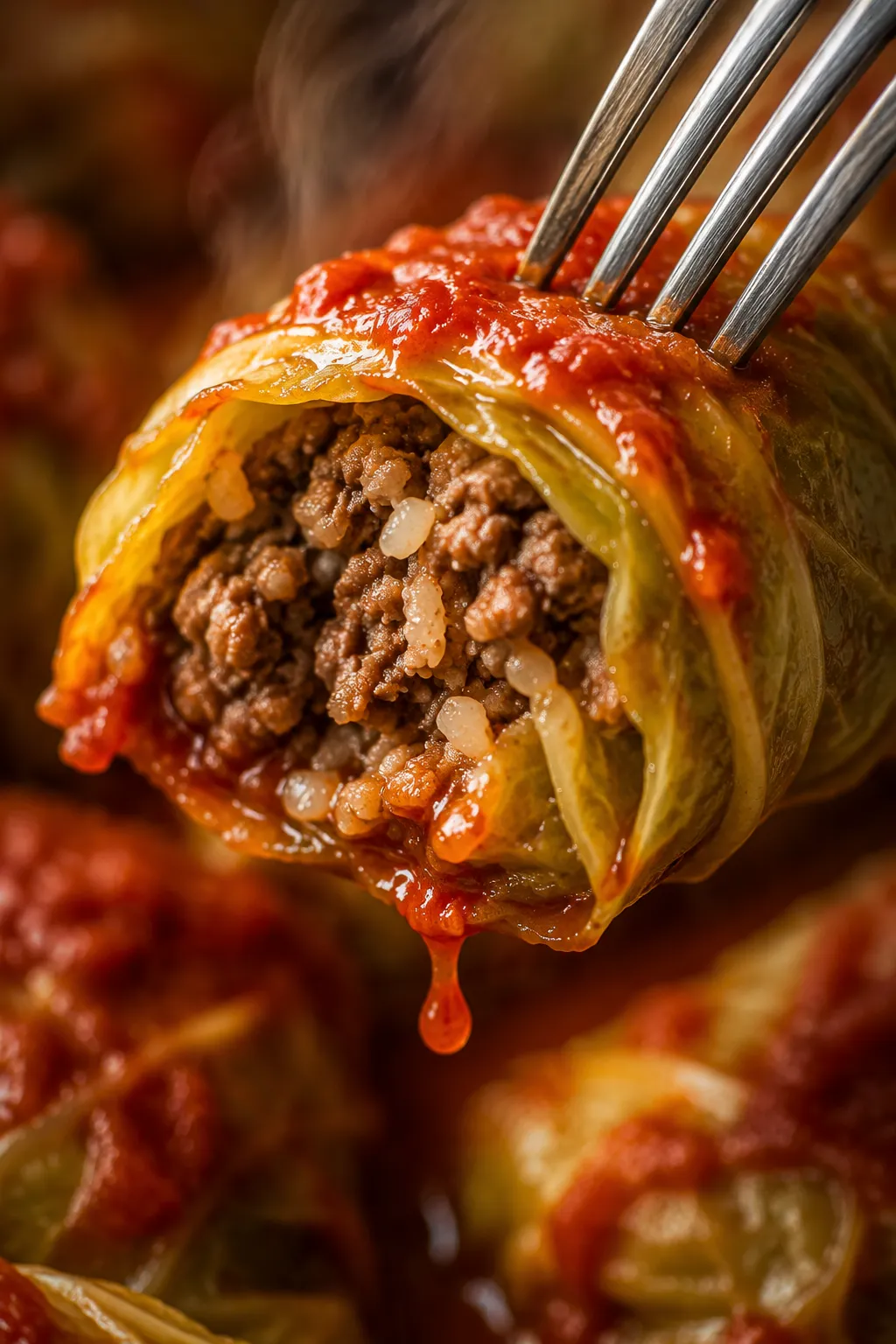 Macro close-up of a forkful of cabbage roll with beef rice filling and tomato sauce