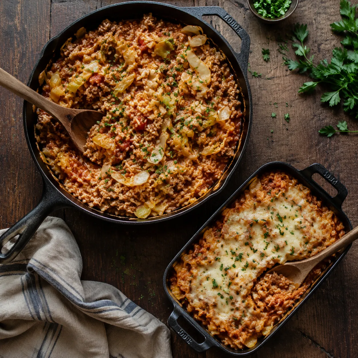 Unstuffed cabbage rolls and cabbage roll casserole variations side by side