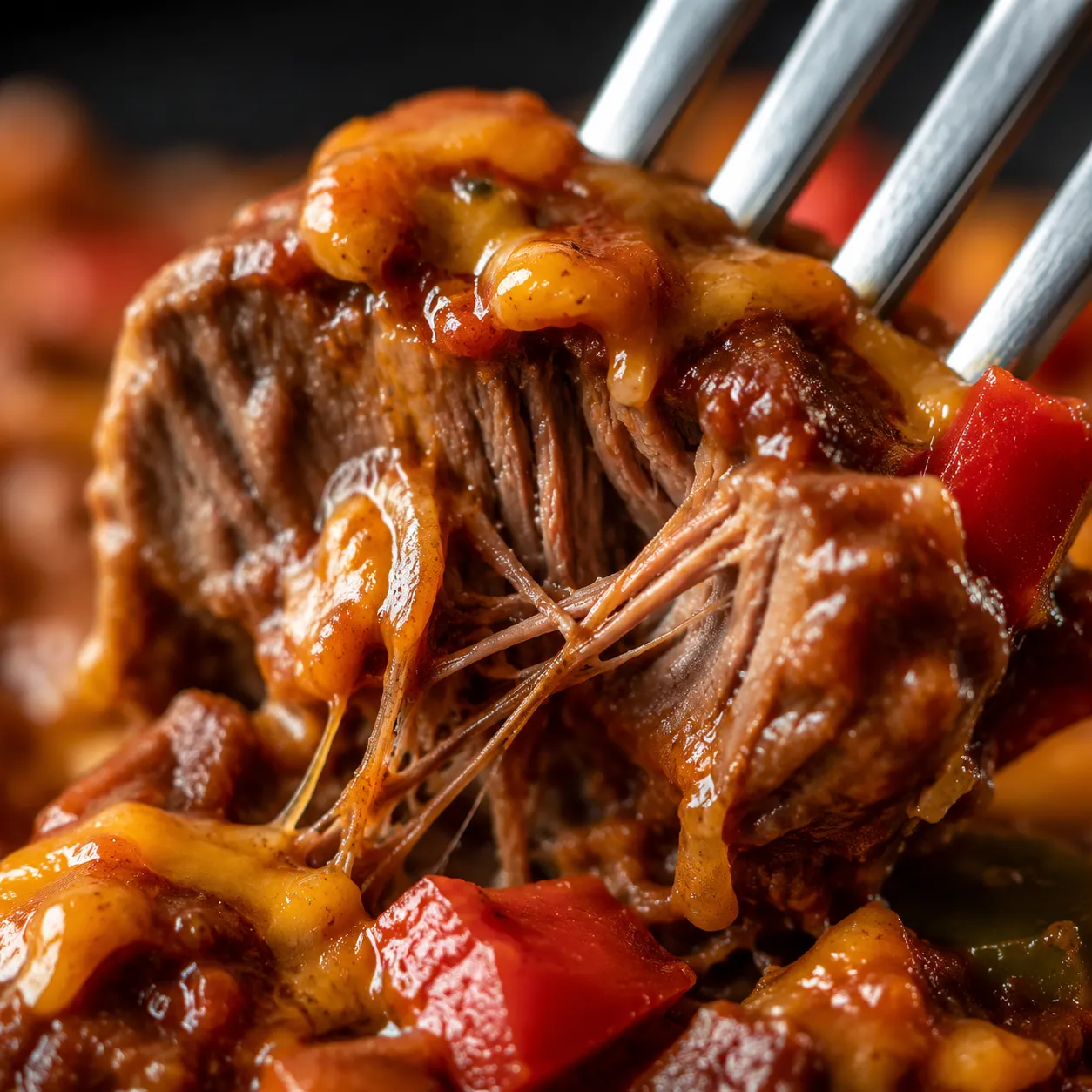 Close-up of fork-tender beef caldereta with glossy tomato sauce
