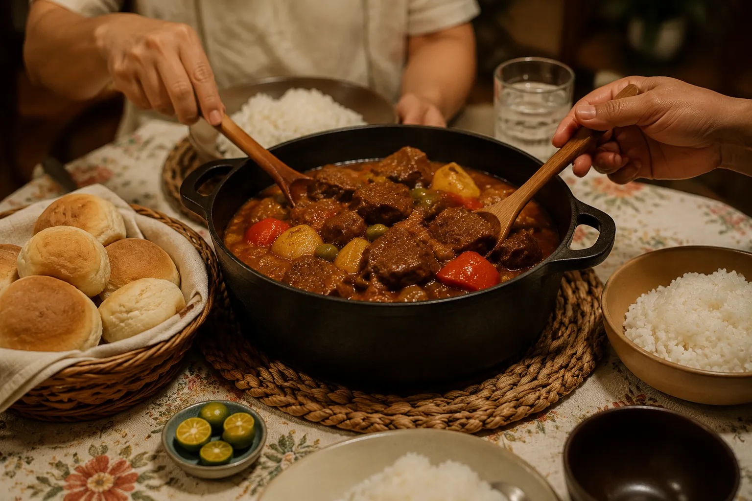 Filipino beef caldereta served family-style with rice and pandesal